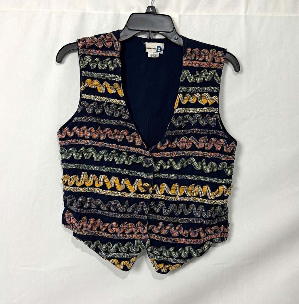 Vintage Paul Harris Design Women’s Navy Ribbon Trim Textured Vest Small